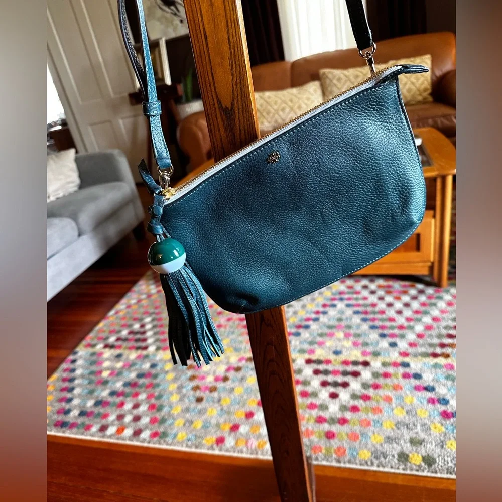 Tory Burch slim crossbody teal with removable tassel fisherman’s bobber tassel